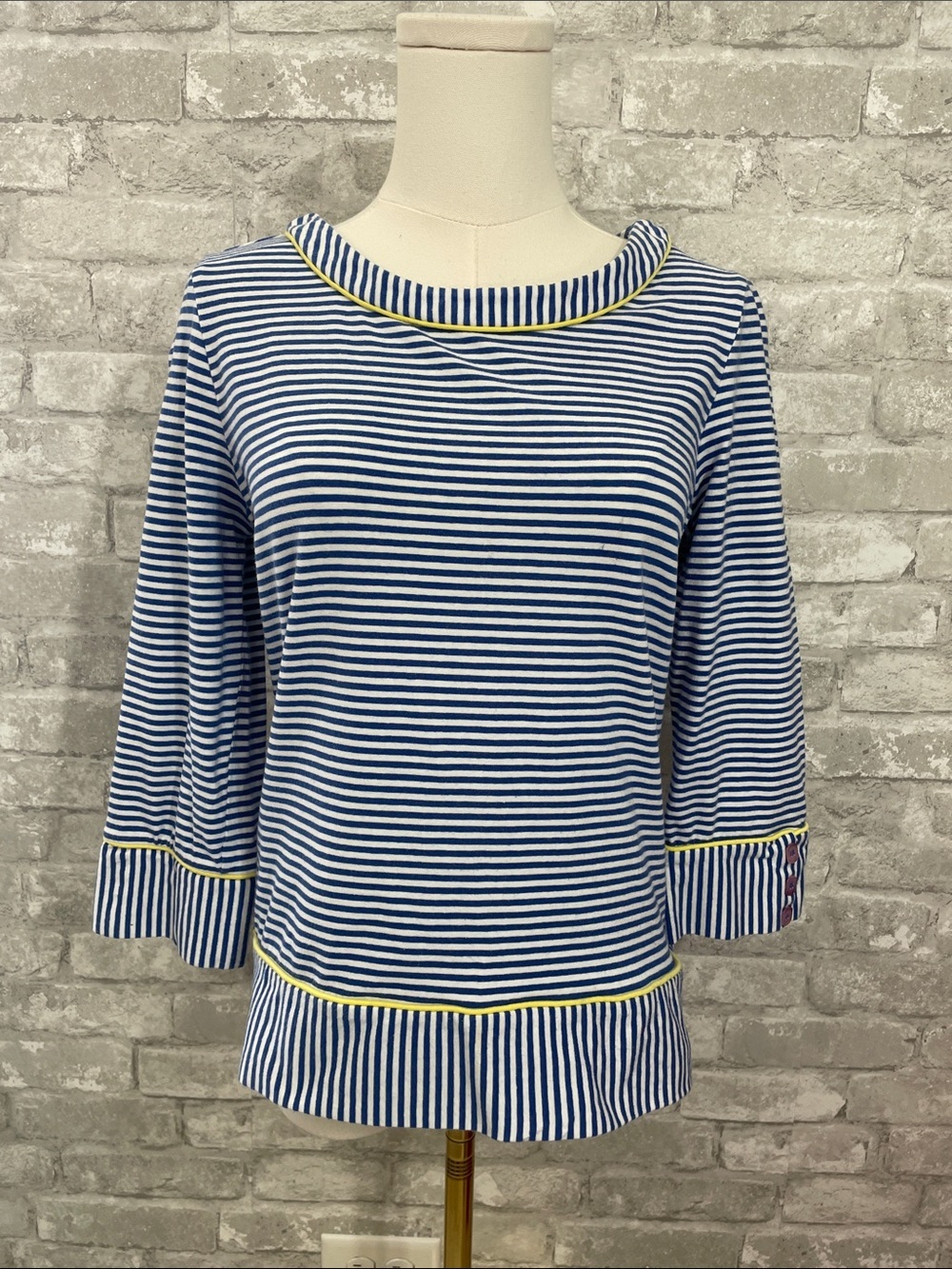 600 West Blue and White Striped Long-Sleeve Top with Yellow Trim